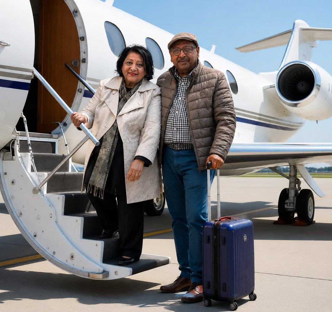 The retired couple who founded The Lotus Enterprise, boarding a flight